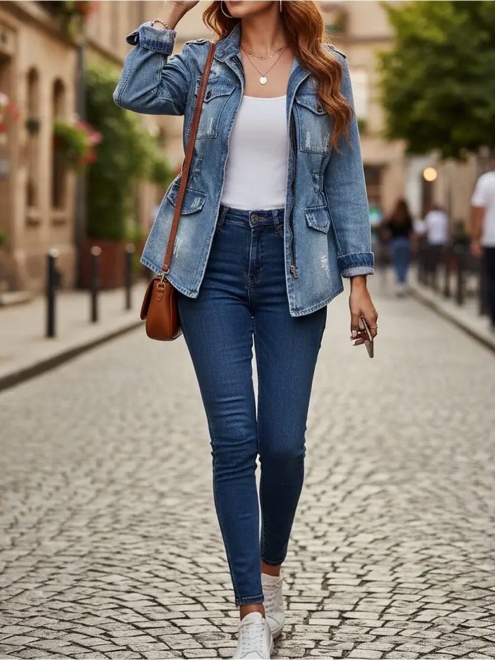 Saks Fifth Avenue Distressed Blue Denim Jacket with Front Zip - Picture 7 of 7